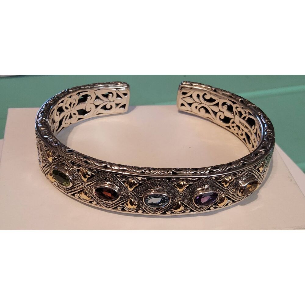 RARE~ROBERT MANSE Multi Gems 925 Sterling & 18K Solid Gold Accent Cuff Bracelet